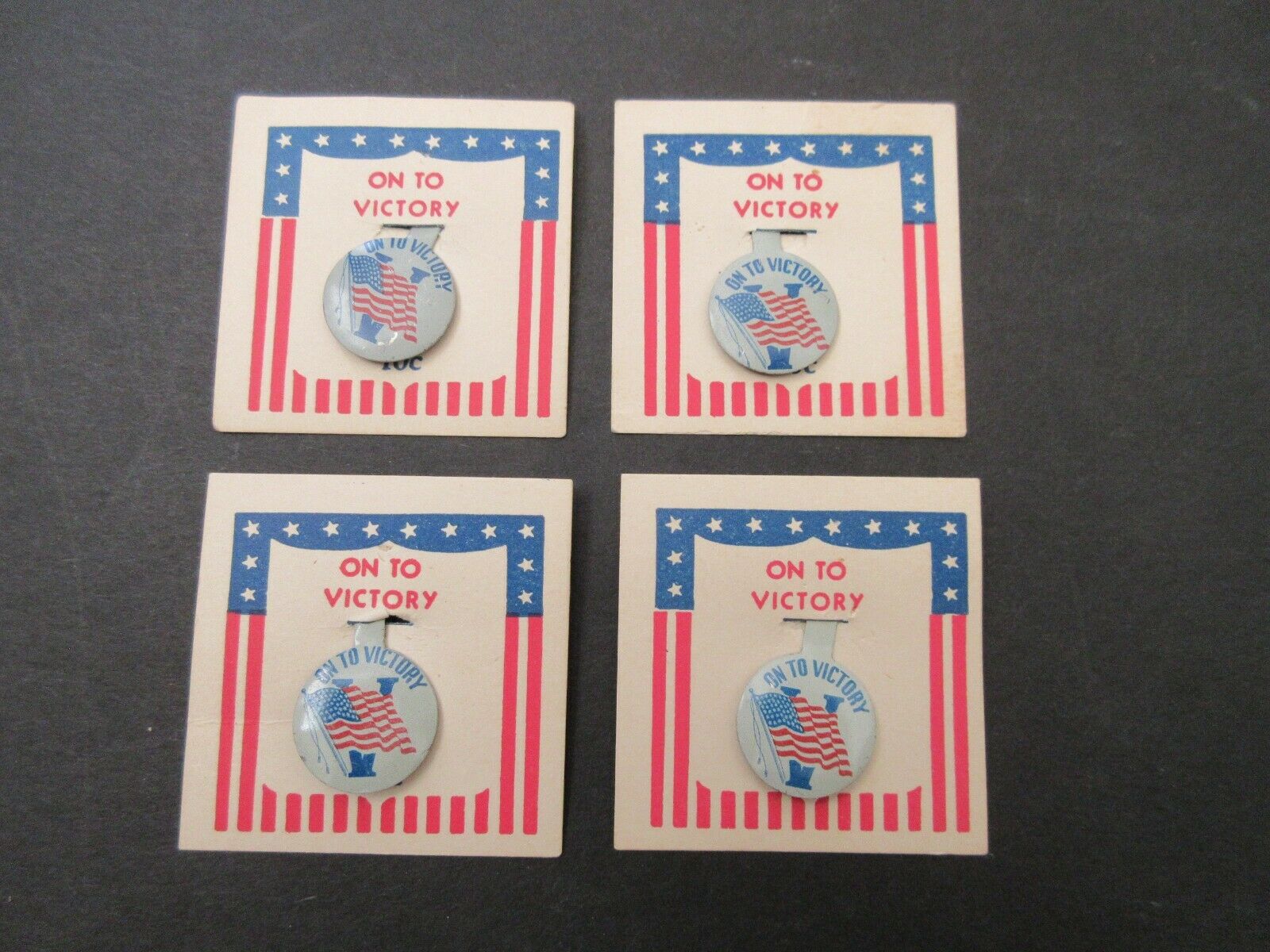 Wwii 1940's "on To Victory" American Flag  Lapel Pins (4) On Original Cards