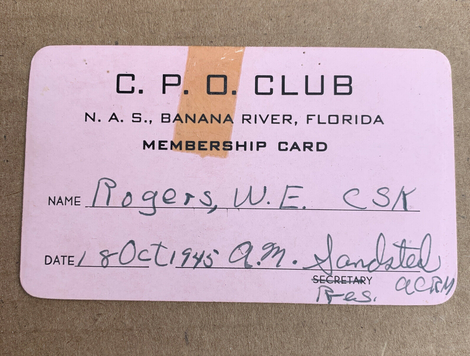 1945 Cpo Club Naval Air Station Banana River Florida Members Card Chit