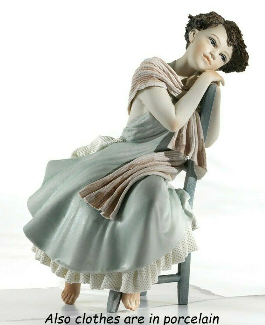 Statue Porcelain Figurine Woman Seat On Chair Made By Hand In Italy